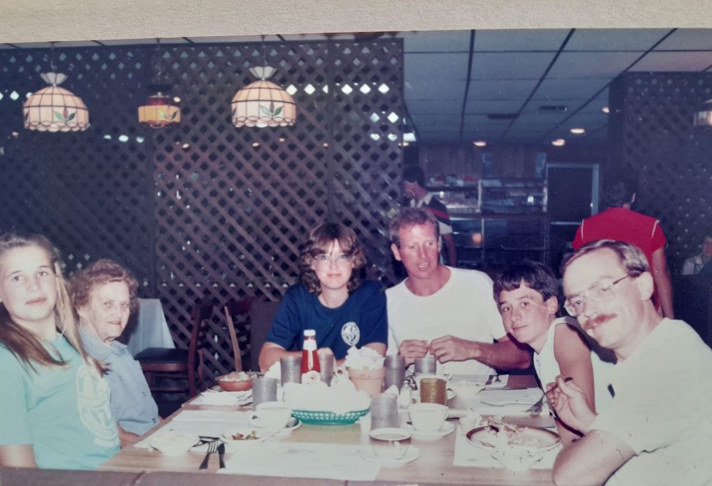 Louise's and Widge's family dine toogether in Waterloo, 1986